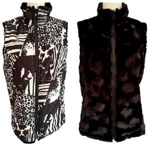 Reversible Vest Small Animal Print & Faux Fur Black Zip Up Sleeveless Jacket